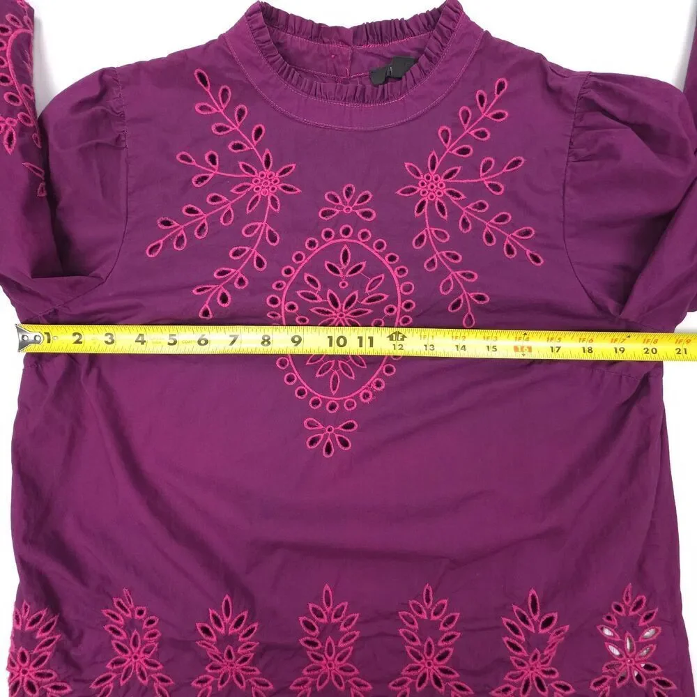 J CREW Mockneck cotton poplin top with embroidered eyelet Purple Preppy Boho
